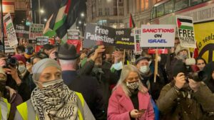 British Protesters gather outside the Israeli embassy in London to support Sheikh Jarrah