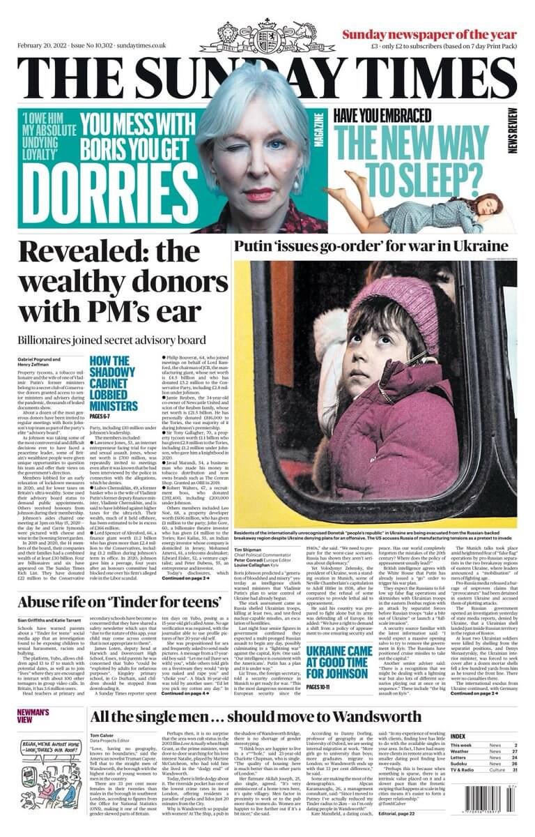 أبرز ما تناولته الصحف البريطانية ليوم الأحد 20 فبراير 2022