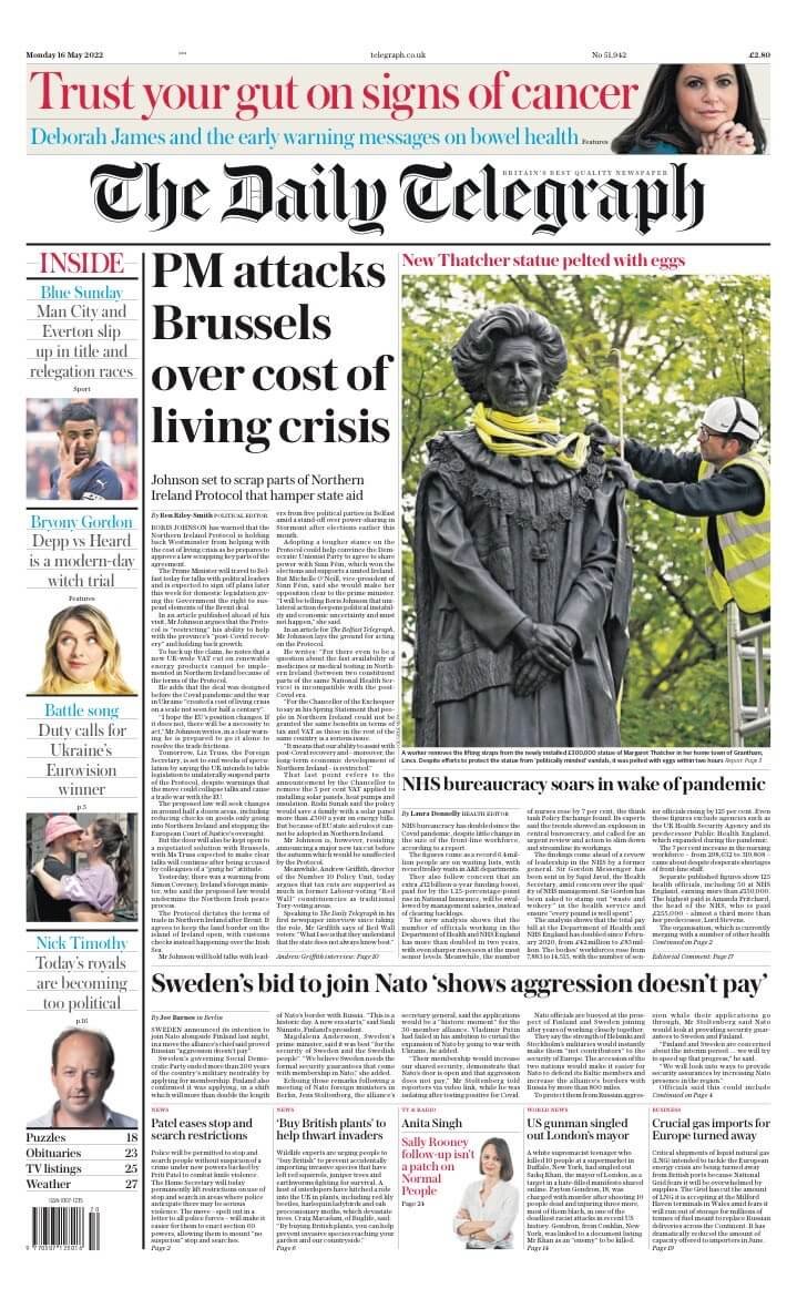 مقدمة صحيفة ديلي تلغراف ليوم الاثنين 16 مايو 2022