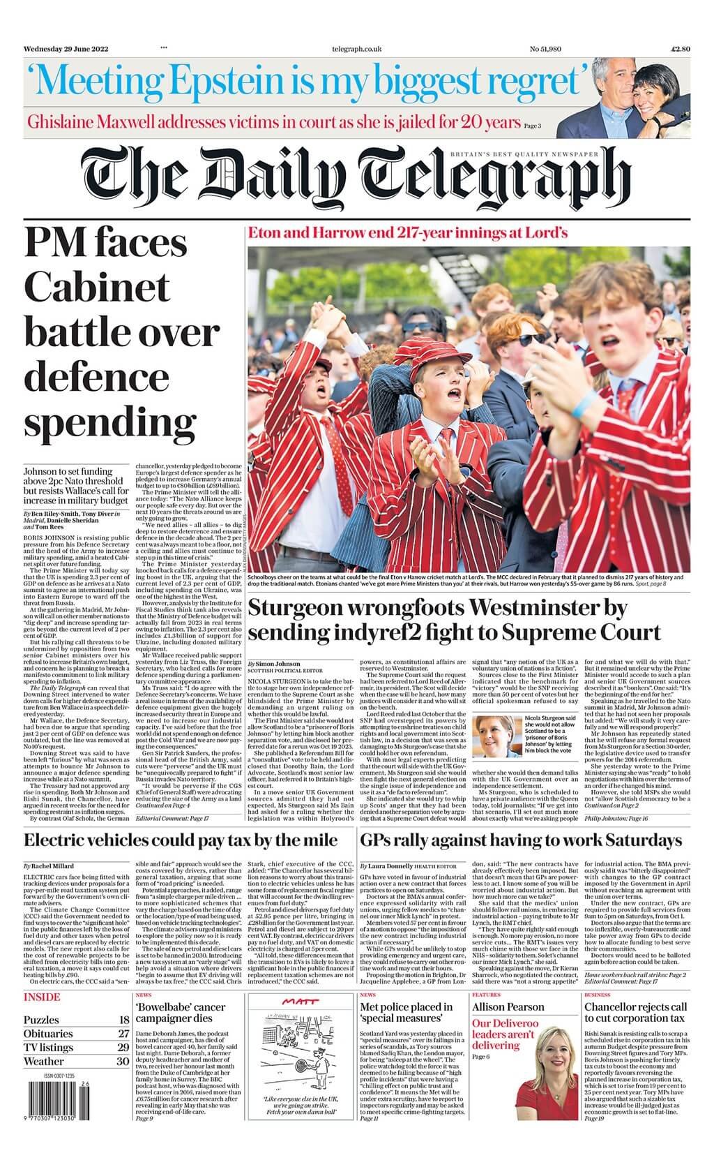 مقدمة صحيفة ديلي تلغراف ليوم الأربعاء 29 يونيو 2022