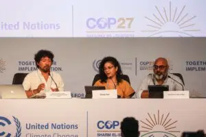 Sister of imprisoned British-Egyptian activist Alaa Abdel Fattah, speaks during the COP27 climate conference in Egypt'