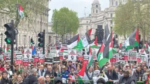 London: Thousands gather outside the BBC headquarters and march toward the UK government headquarters