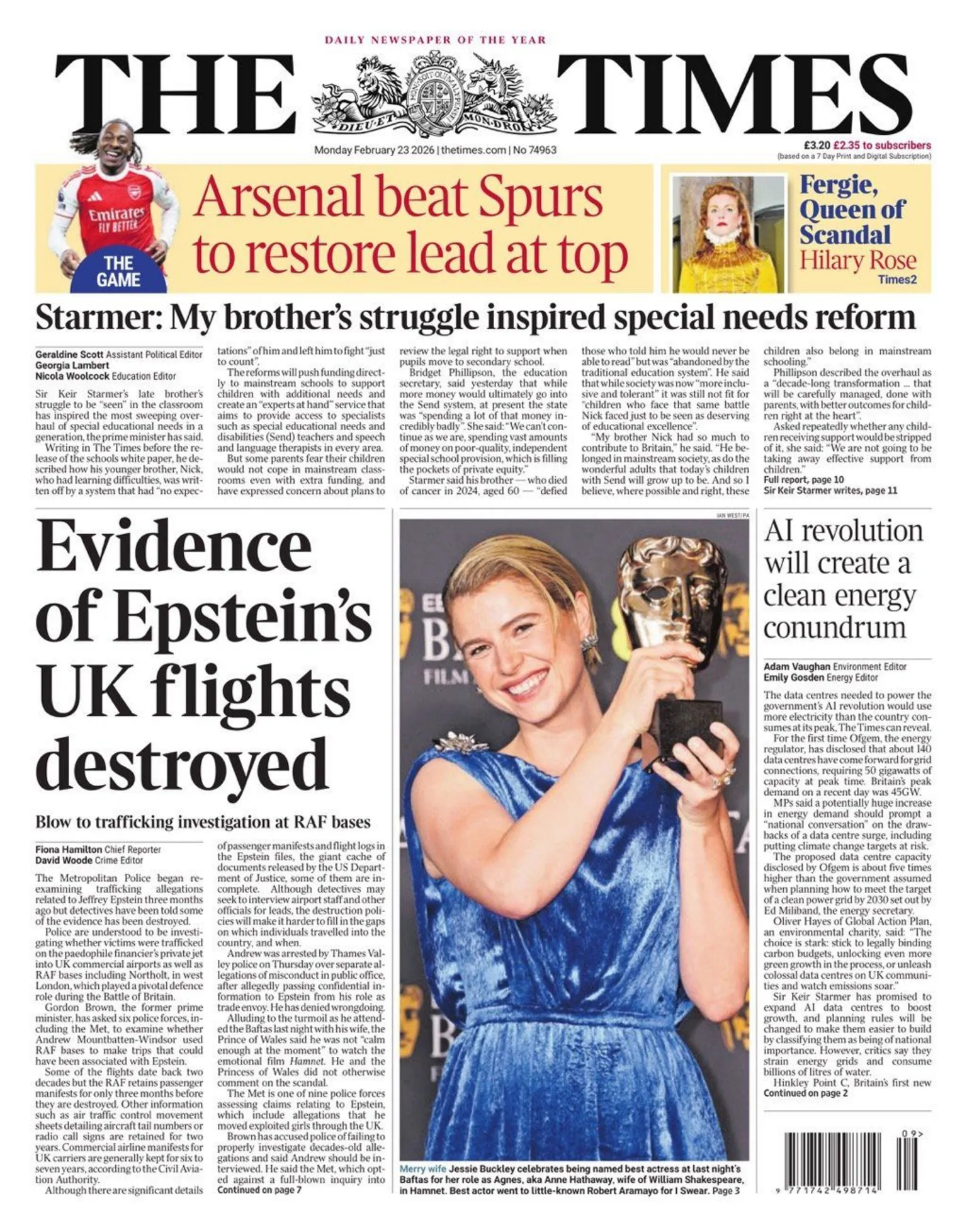 أبرز عناوين الصحف البريطانية ليوم الإثنين الموافق 23 فبراير 2026