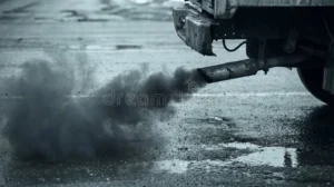 close-up-old-truck-exhaust-pipe-spewing-thick-black-diesel-smoke-onto-wet-road-powerful-image-highlights-air-430043445