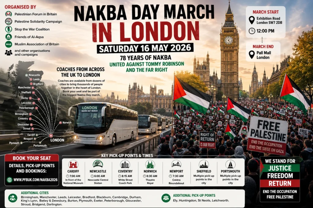 Full List of Bus Departures for Britain’s 2026 Nakba Day Demonstration