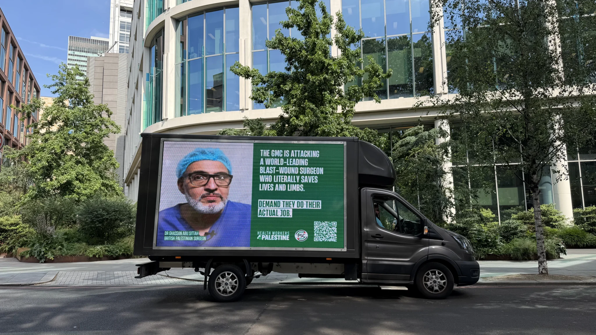 Doctors in London rally in front of the General Medical Council in support of Ghassan Abu-Sitta