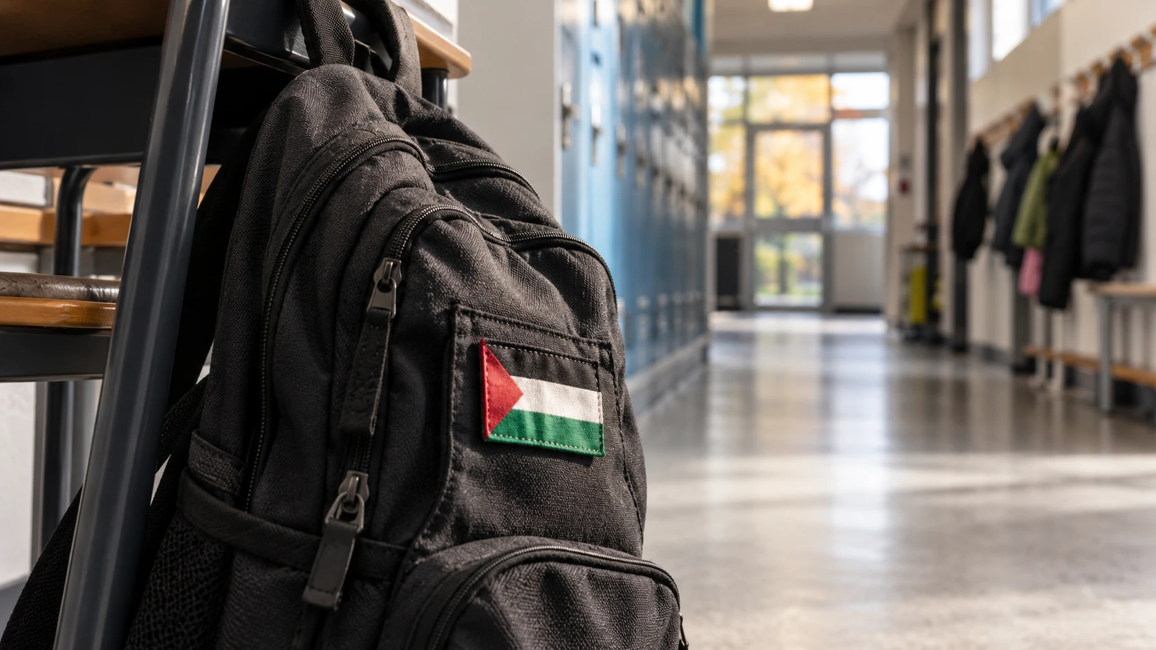 حقيبة مدرسية عليها علم فلسطين