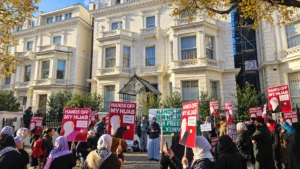 Protest outside Azerbaijan's embassy in London against hijab ban in schools
